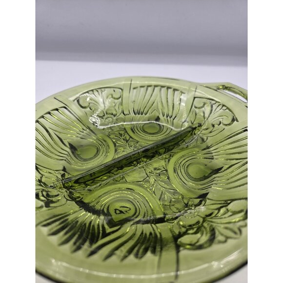 Vintage Indiana Glass Killarney Avocado Green 8" Divided Relish Dish Handle - Picture 6 of 10